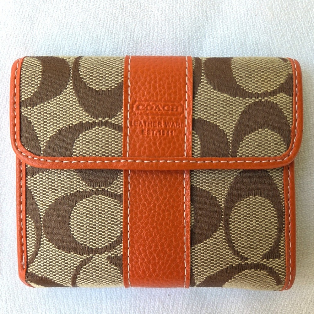 Coach Wallet Orange Excellent Vintage Signature Trifold Jacquard Leather